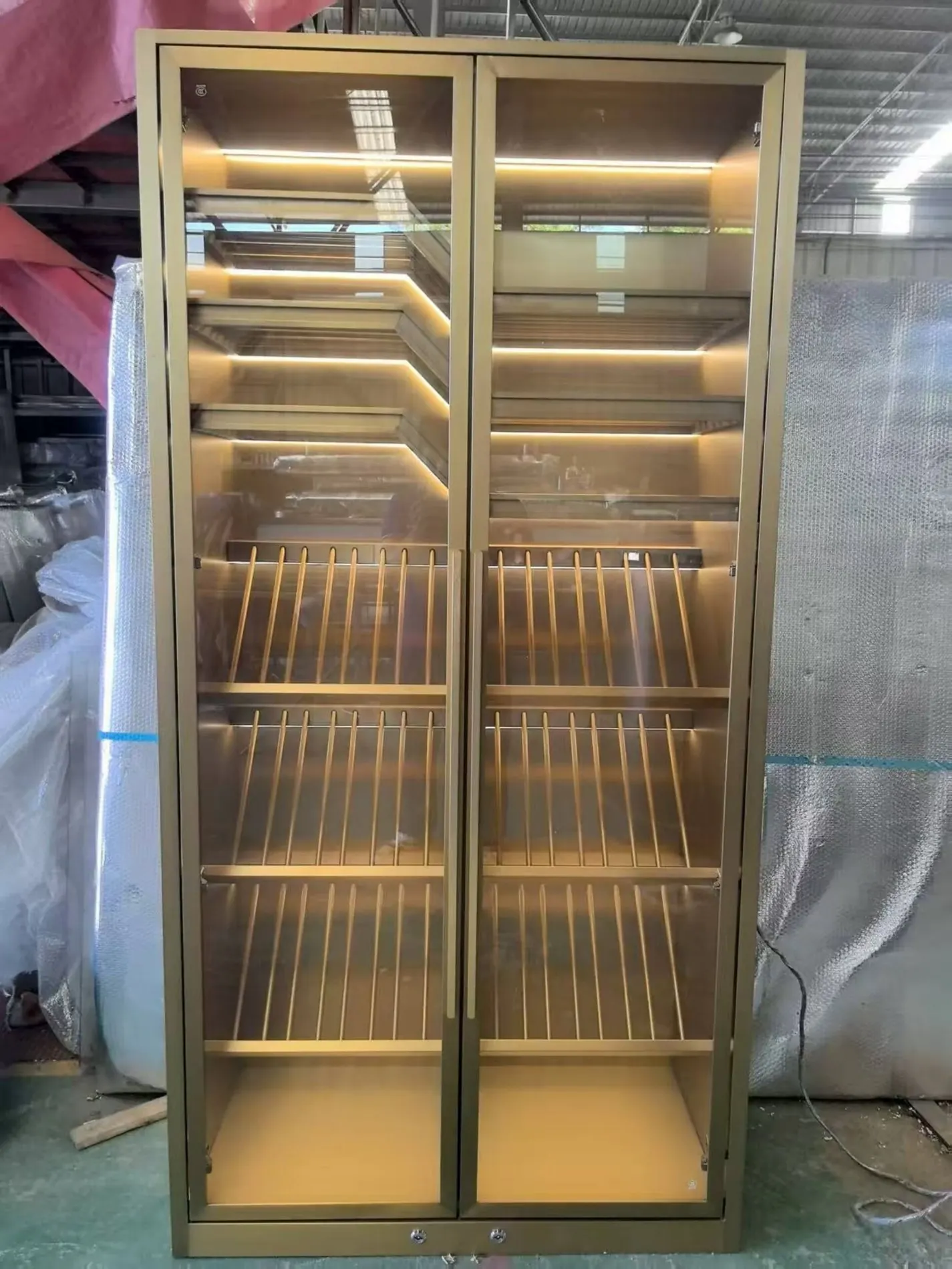 Custom wine display cabinet under factory inspection