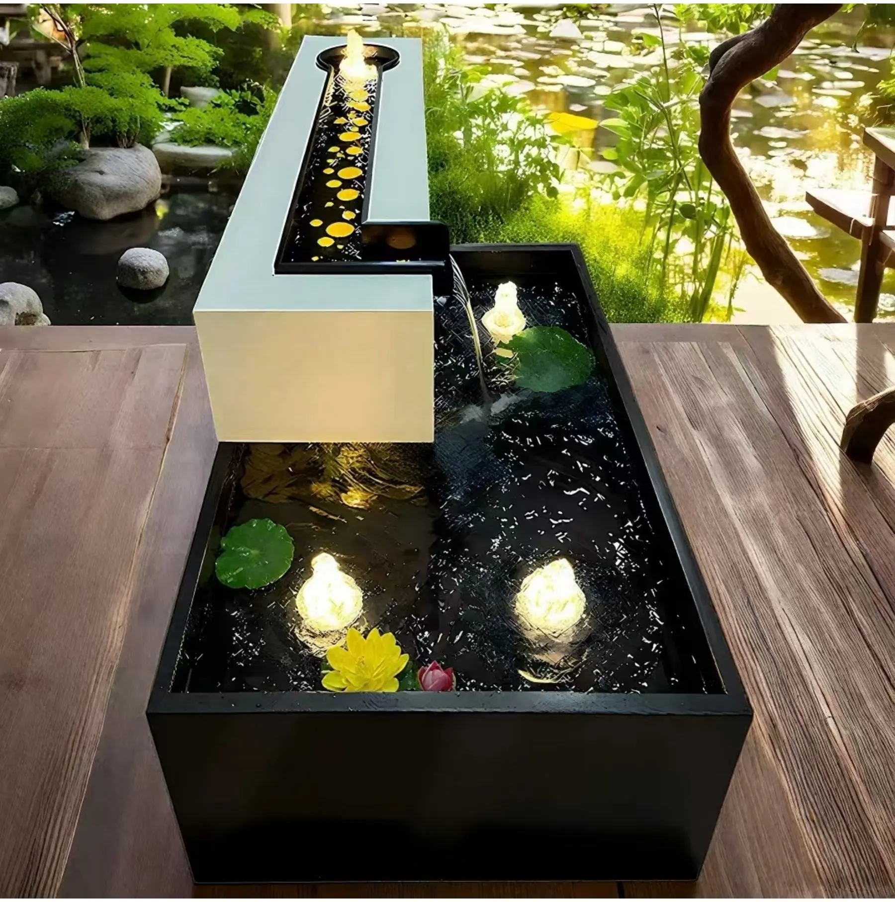 Geometric custom water feature integrated into a garden terrace