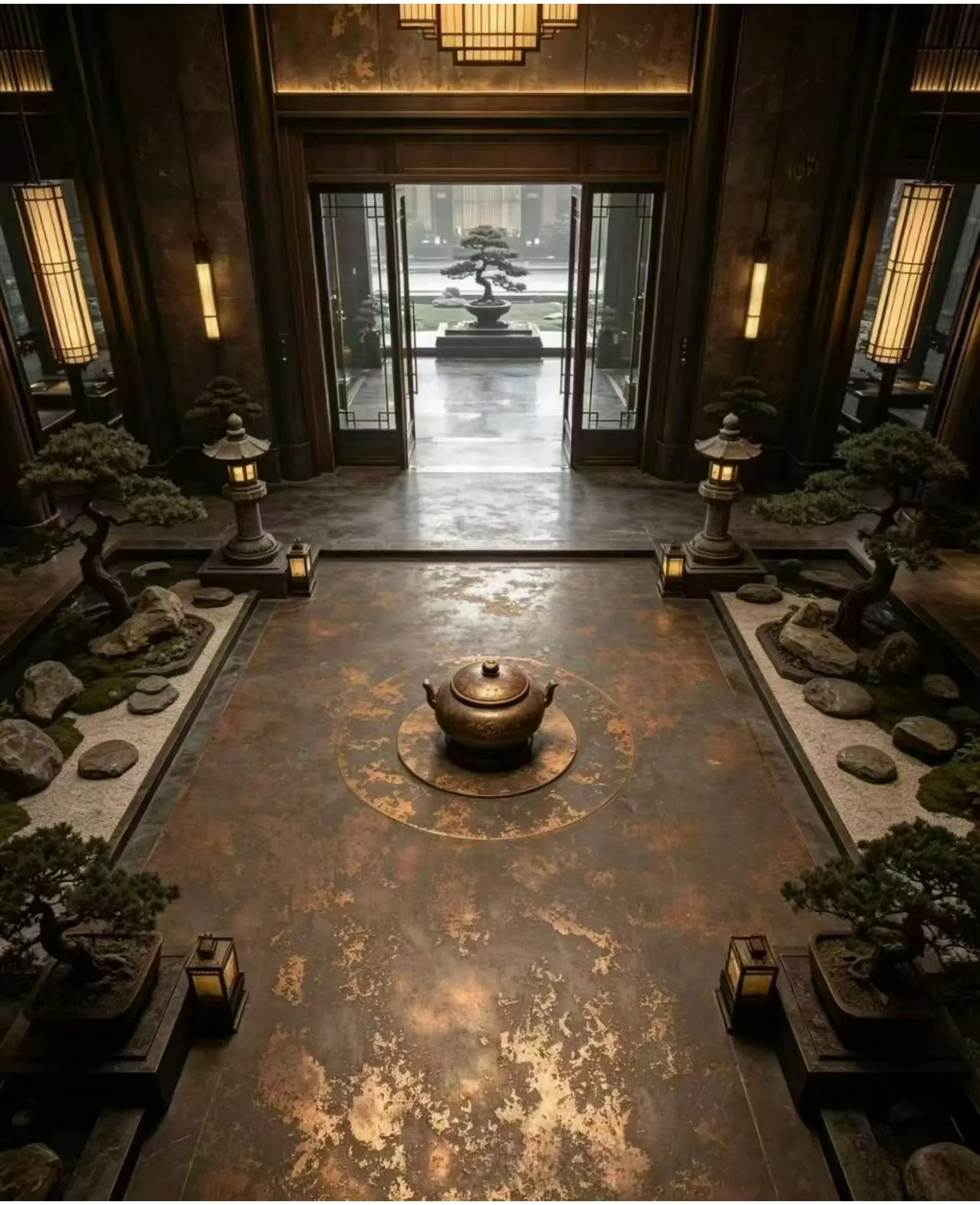Patinated metal wall treatment in a lobby